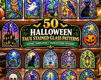 50 Halloween-Imitations-Buntglas-Muster, gotische Vorlagen, Sonnenfänger-Designs (Digitaler Download)