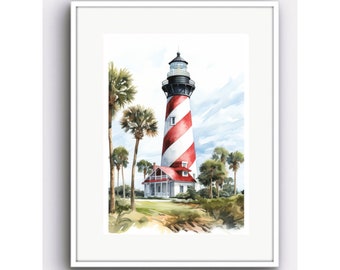 Puede incluir: Una pintura de acuarela de un faro de rayas rojas y blancas con una pequeña casa blanca en su base. El faro está rodeado de palmeras y una zona de hierba.