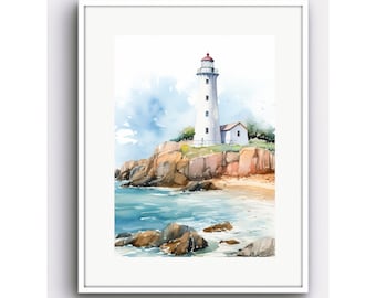 Puede incluir: Una pintura de acuarela de un faro blanco con un techo rojo en un acantilado rocoso con vistas a un mar azul. El faro está rodeado de árboles y arbustos verdes. El mar está tranquilo y el cielo es azul con nubes blancas.