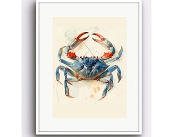 Blue Crab Watercolor Print, Coastal Wall Art, Nautical Painting | Coastal Seaside Artwork, Watercolor Print Premium Matte Paper - Unframed