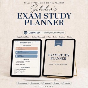 Op de afbeelding: Een digitale planner weergegeven op twee tablets, met de tekst Scholar's EXAM STUDY PLANNER. Het scherm toont een dagplanning voor maandag 14 oktober, inclusief studietaken, prioriteiten en een to-do lijst. Een stylus ligt ervoor.