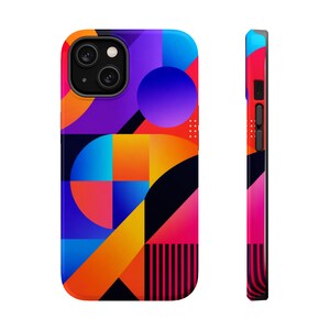 May include: A smartphone case featuring a vibrant geometric pattern with overlapping circles, squares, and triangles in shades of blue, purple, orange, red, and black. The design includes a section of vertical black stripes and small dot accents.