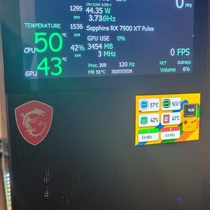 May include: A black computer case featuring a large digital display showing system performance metrics for an AMD Ryzen 9 7900X3D and Sapphire RX 7900 XT Pulse. A smaller secondary screen displays colorful icons and data, with an MSI logo on the side.