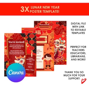 Op de afbeelding: Drie rood-gouden Lunar New Year postertemplates met illustraties van een leeuwendans, lantaarns en wolken. De tekst bevat 3X LUNAR NEW YEAR POSTER TEMPLATE, You're invited, details over een viering en een Canva-logo.
