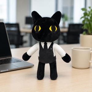 Dapper Black Cat Plush in Suit and Tie, Corporate Business Cat Doll, Cute Gentleman Stuffed Animal, Quirky Desk Decor Gift for Cat Lovers