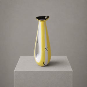 Può includere: Un vaso in ceramica alto e slanciato con strisce verticali gialle e bianche. Il vaso presenta un bordo interno nero e un disegno grafico nero sulla parte anteriore composto da una 'X' sopra una linea curva, simile a un volto stilizzato.