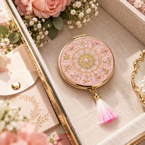 Può includere: Uno specchietto da borsa rotondo in metallo dorato con superficie in smalto rosa, decorato con motivi floreali in rilievo e una perla centrale. Una piccola nappa in filo con sfumatura rosa e bianca pende dalla base.
