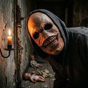 May include: A figure wearing a tan, smooth-textured mask with deep-set black eye sockets and a wide, toothy grin, paired with a dark gray hooded garment. A lit candle in a black metal wall sconce illuminates the scene, with two dolls on the floor.