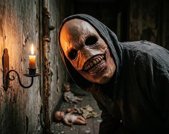 May include: A figure wearing a tan, smooth-textured mask with deep-set black eye sockets and a wide, toothy grin, paired with a dark gray hooded garment. A lit candle in a black metal wall sconce illuminates the scene, with two dolls on the floor.