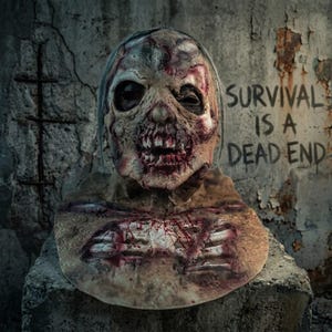 May include: A full-head zombie mask featuring a decaying, blood-stained face with exposed teeth, sunken eye sockets, and a skeletal chest plate. The mask displays realistic skin textures and includes the text SURVIVAL IS A DEAD END.