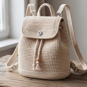 May include: A cream-colored crochet backpack featuring a structured flap with a central button closure, a drawstring cord with a wooden bead and tassel detail, and adjustable shoulder straps with silver-toned metal hardware attachments.