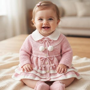 May include: A baby wearing a long-sleeved, light pink crocheted dress with a white collar, white pom-poms, and white trim at the hem. The dress features a front button closure with small pearl-like buttons and matching pink crocheted booties.