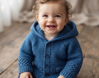 Crochet Baby Hooded Cardigan Pattern, Textured Jacket, Top-Down (PDF Pattern)