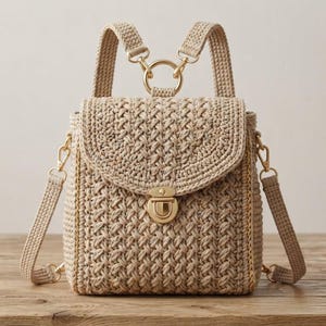 May include: A beige crochet backpack featuring a textured woven pattern, a fold-over flap with a gold-tone metal push-lock closure, and adjustable matching straps connected by a central gold-tone ring at the top of the bag.