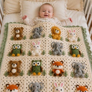 May include: A cream-colored crochet baby blanket featuring a grid of squares, each adorned with a three-dimensional stuffed animal including brown bears, gray elephants, yellow lions, white rabbits, green owls, and orange foxes, with a green scalloped border.