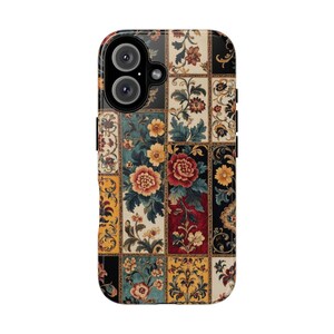 May include: A rectangular phone case featuring a grid of panels decorated with intricate floral patterns in shades of red, yellow, blue, and cream. The design includes various blossoms and leafy stems arranged in a patchwork style across the surface.