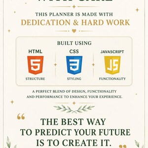 Puede incluir: Un gráfico informativo rectangular con fondo crema y texto verde. Incluye las frases CRAFTED WITH CARE, THIS PLANNER IS MADE WITH DEDICATION & HARD WORK y THE BEST WAY TO PREDICT YOUR FUTURE IS TO CREATE IT, junto con iconos de HTML, CSS y JAVASCRIPT.