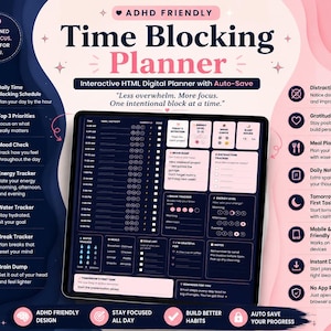 Op de afbeelding: Een interactieve digitale HTML-tijdplanner met een donkere interface, voorzien van secties voor dagelijkse schema's, energietracking, maaltijdplanning en notities. Het ontwerp bevat tekstlabels zoals ADHD Friendly, Time Blocking Planner en Auto-Save.