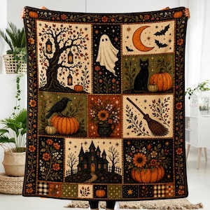 May include: A rectangular throw blanket featuring a grid of Halloween-themed illustrations including a ghost, a black cat, pumpkins, a crow, a haunted house, a broomstick, and a crescent moon, all framed by a floral and checkered border.