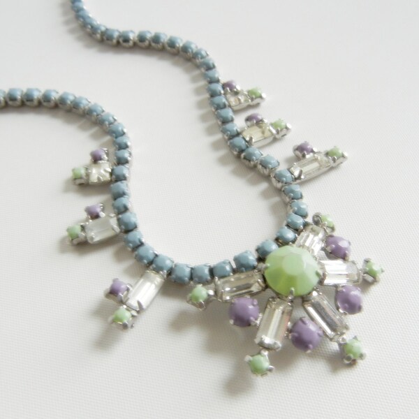 Vintage 1950s One Of A Kind Hand Painted Blue Mint and Lilac  Rhinestone Necklace