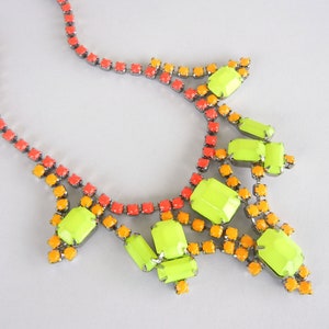 Vintage 1950s One Of A Kind Hand Painted Neon Red Orange and Yellow Rhinestone Necklace image 1