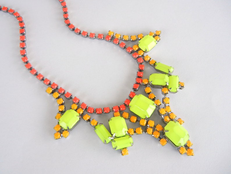 Vintage 1950s One Of A Kind Hand Painted Neon Red Orange and Yellow Rhinestone Necklace image 1