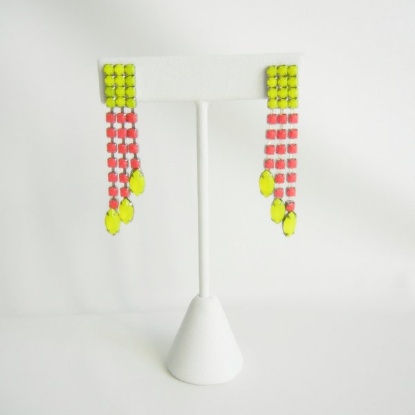 Vintage One Of A Kind Neon Yellow and Neon Pink Rhinestone Earrings
