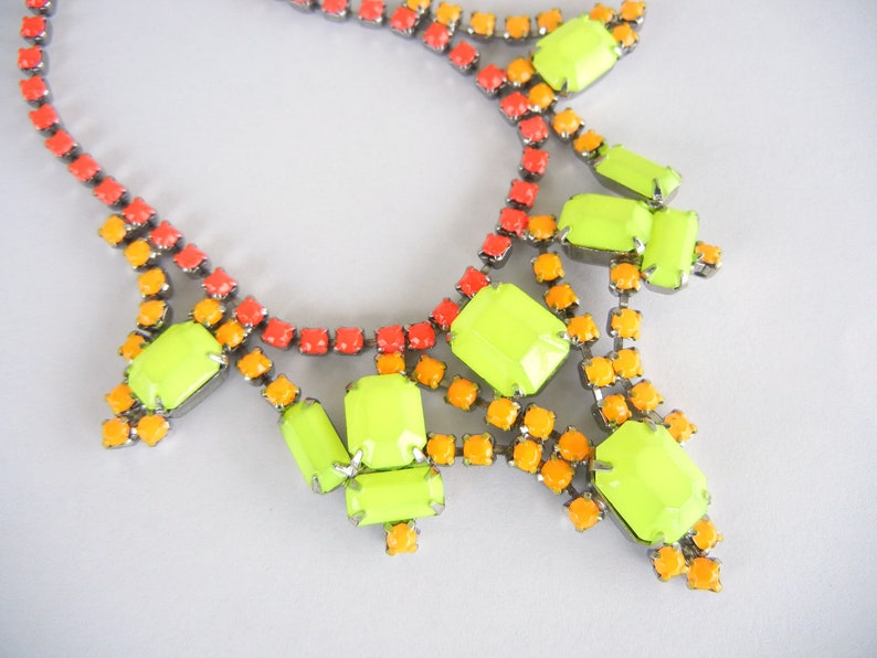 Vintage 1950s One Of A Kind Hand Painted Neon Red Orange and Yellow Rhinestone Necklace image 3