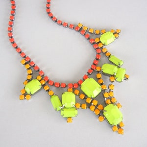 Vintage 1950s One Of A Kind Hand Painted Neon Red Orange and Yellow Rhinestone Necklace image 2