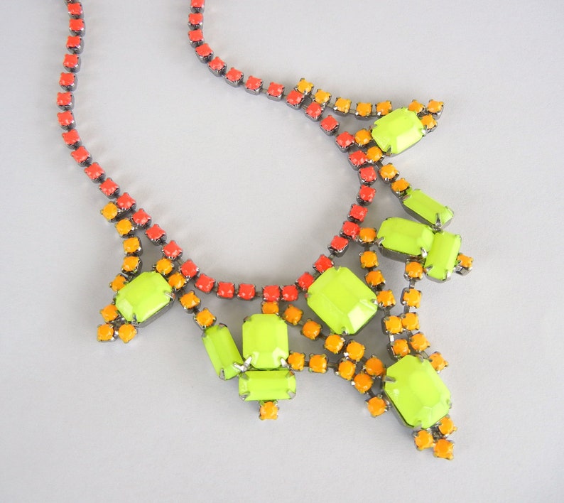 Vintage 1950s One Of A Kind Hand Painted Neon Red Orange and Yellow Rhinestone Necklace image 2