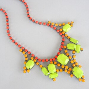 Vintage 1950s One Of A Kind Hand Painted Neon Red Orange and Yellow Rhinestone Necklace image 4