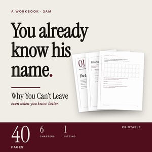 Op de afbeelding: Een werkboek getiteld 'You already know his name. Why You Can't Leave even when you know better' met 40 pagina's, 6 hoofdstukken en 1 zitting. De omslag bevat donkere tekst op een lichte achtergrond, met drie binnenpagina's met tekst en een raster.