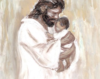 Jesus Holding Baby Oil Pastel Painting I Pregnancy/Infant Loss