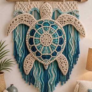 May include: A wall hanging featuring a large, crocheted sea turtle in shades of cream, teal, and dark blue. The turtle is mounted on a macrame backdrop of cream and blue cords suspended from a piece of driftwood, creating a layered, textured design.