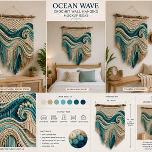 May include: A macrame wall hanging featuring an ocean wave design in shades of cream, light blue, teal, and dark blue. The piece is suspended from a driftwood branch and includes dimensions of 80-90 cm wide by 90-100 cm long including fringe.