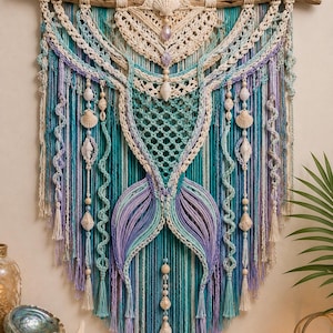 Tapiz de pared de macramé de sirena bohemia, decoración de pared costera oceánica, tapiz de conchas hecho a mano, decoración de dormitorio de casa de playa