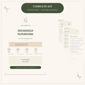 Peut inclure: Un kit numérique d'organisation de documents ménagers comprenant un guide de 54 pages et 4 bonus imprimables. Le document présente des sections pour trier, classer, trouver et conserver les papiers, avec le texte "The Guide to Household Paperwork."