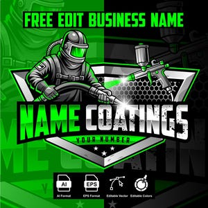 Puede incluir: Un logotipo gráfico que muestra a un trabajador con equipo de protección sosteniendo una pistola de pintura sobre un fondo de escudo. El texto dice FREE EDIT BUSINESS NAME, NAME COATINGS y YOUR NUMBER, con iconos de formato debajo.
