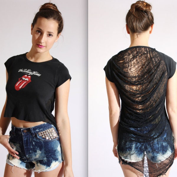 RESERVED for kiannaci Shredded Rolling Stones Crop Top