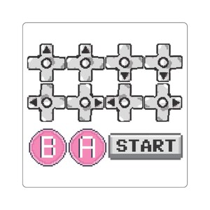 Könnte beinhalten: Ein Pixel-Art-Aufkleberbogen mit acht grauen, kreuzförmigen Richtungstasten, zwei runden rosa Tasten mit den Buchstaben B und A sowie einer rechteckigen grauen Taste, auf der das Wort START in schwarzer Pixel-Schriftart gedruckt ist.