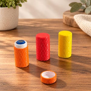 Könnte beinhalten: Drei zylindrische Batterieaufbewahrungsbehälter mit einem strukturierten Rautenmuster auf der Außenseite. Ein orangefarbener Behälter ist geöffnet und zeigt eine blaue Batterie im Inneren, wobei der passende orangefarbene Schraubdeckel separat davor liegt.