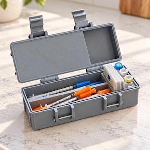Può includere: Una custodia rettangolare in plastica grigia con coperchio incernierato, contenente due siringhe con tappi blu e arancioni, un piccolo mazzo di carte rettangolari bianche e tre piccole fiale di vetro con tappi metallici blu, argento e oro.