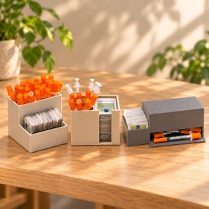 Op de afbeelding: Drie gelaagde opbergorganizers voor medische benodigdheden. Twee zijn beige en één is grijs. Ze bevatten meerdere doorzichtige spuiten met oranje doppen en stapels kleine, vierkante, witte medische pakketjes met blauwe en groene labels aan de voorzijde.
