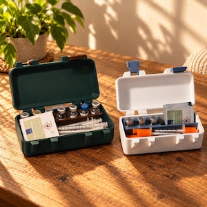 May include: Two rectangular storage cases, one dark green and one white, each featuring a hinged lid with blue or brown latches. Inside are small glass vials with metallic caps, clear plastic syringes, and square packets with red warning symbols.