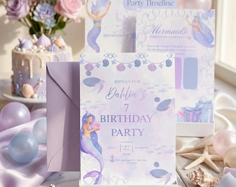 Mermaid Birthday Invitation Suite, Watercolor Under the Sea Party Template (Digital Download)