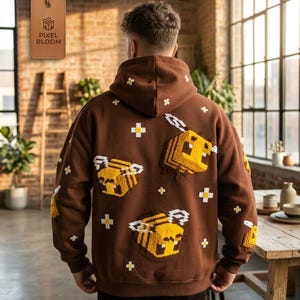 Sudadera con capucha de forro polar Pixel Bee – Jersey marrón extragrande y cómodo – Regalo único para gamers y estilo urbano acogedor