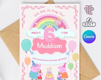 Invitación de cumpleaños de Peppa Pig, plantilla editable de Canva (descarga digital)