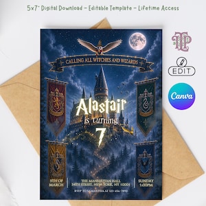 Puede incluir: Una plantilla de invitación digital de 13x18 cm con un castillo oscuro bajo una luna llena, cuatro estandartes y un búho. El texto dice: Calling all witches and wizards, Alastair is turning 7, 5th of March, The Manhattan Hall, 34th Street, New York, NY 10001, Sunday 1:00PM, RSVP to Samantha at 123-456-7890.