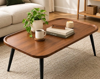 Mesa de centro de madera de estilo moderno de mediados de siglo, mesa de centro rectangular para sala de estar, mesa de té minimalista de madera con borde elevado