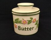 Butter Buerre Bell Pot Crock Cream Color with Pink and Green Floral Design French Kitchen Decor
